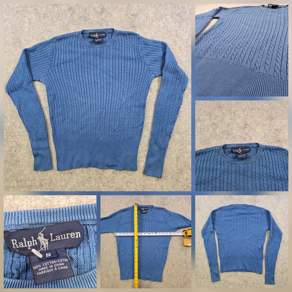 VTG Ralph Lauren Sweater Womens Small Blue Cotton Cable Knit Crewneck Pullover